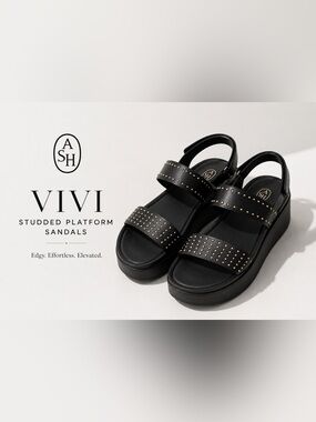 ASH Vivi Studded Platform Sandals Black Leather Velcro Back Strap 41/10.5